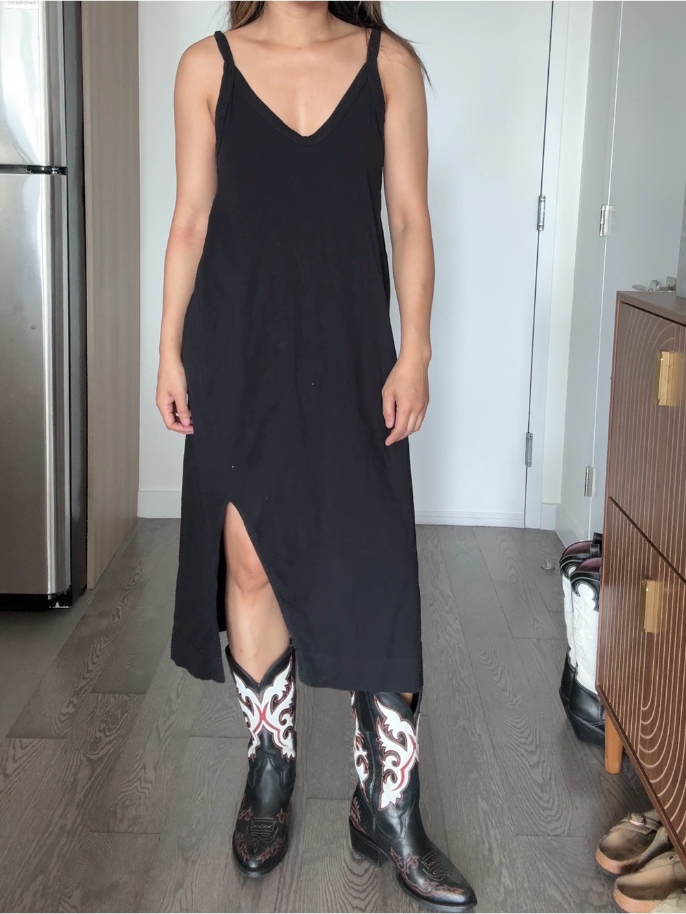 Bassike Black V-Neck Cotton Maxi Dress Side Slit Size Small Minimalist